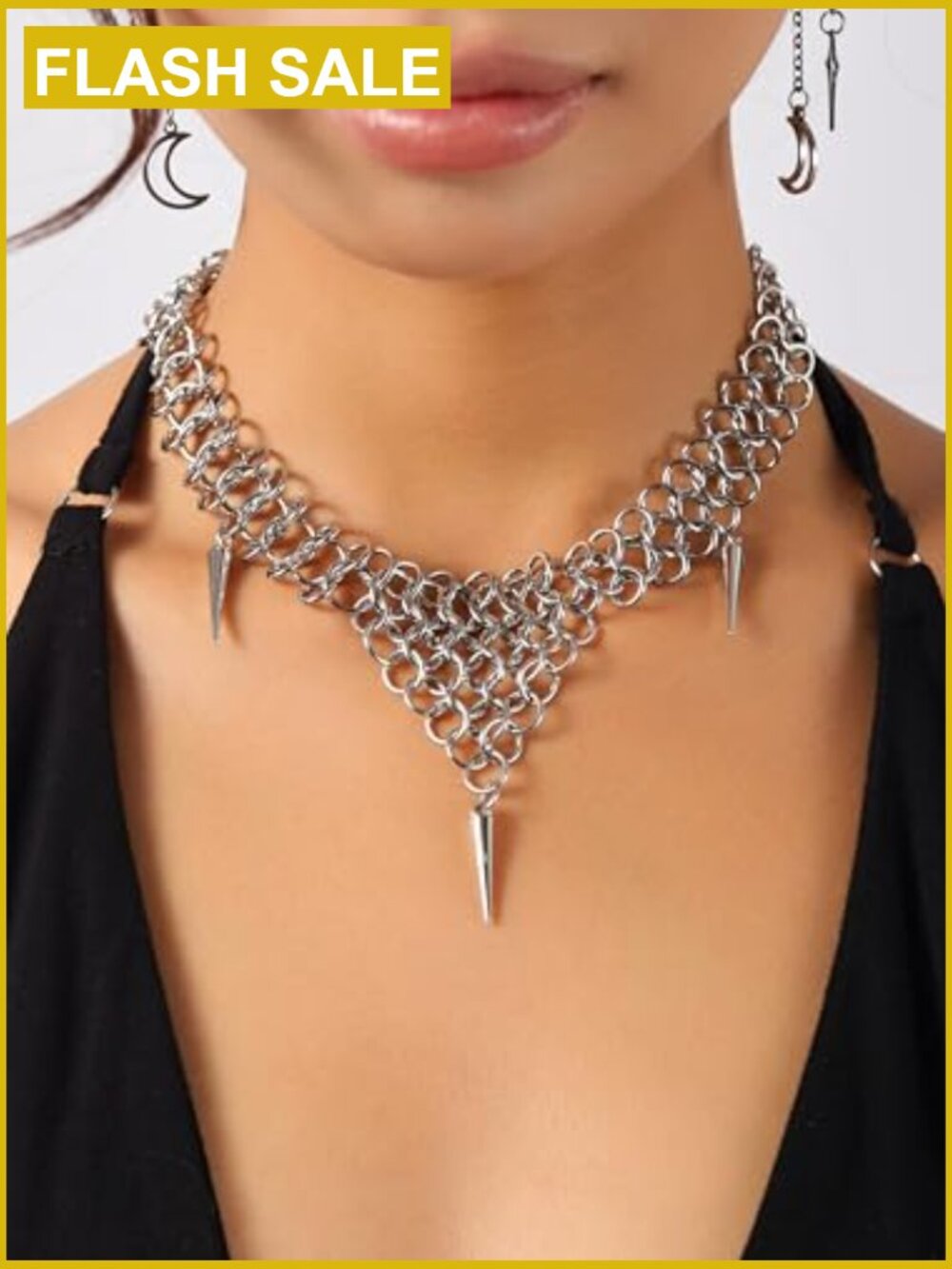 Chunky Spike Choker Necklace, Gothic Emo Punk Grunge Jewelry, Layered - Picture 2 of 7